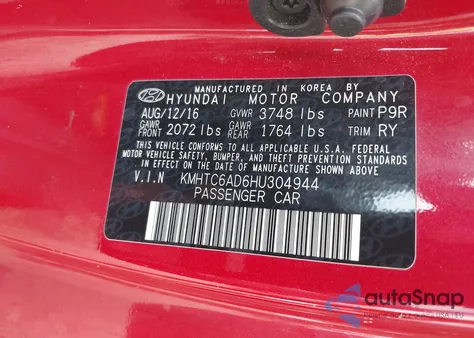 2017 Hyundai Veloster z USA, uszkodzony, nr VIN KMHTC6AD6HU304944